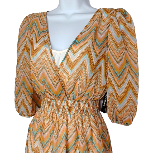 AS U WISH Colorful Chevron Stripe Print Brown Blue Smocked Dress Small NWT - Picture 2 of 11